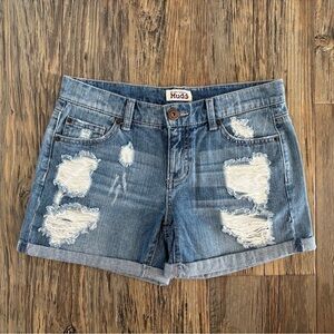 Mudd Jean Shorts Womens Jrs Sz 5 Destructed Distressed Slouch Midi Cuffed Denim